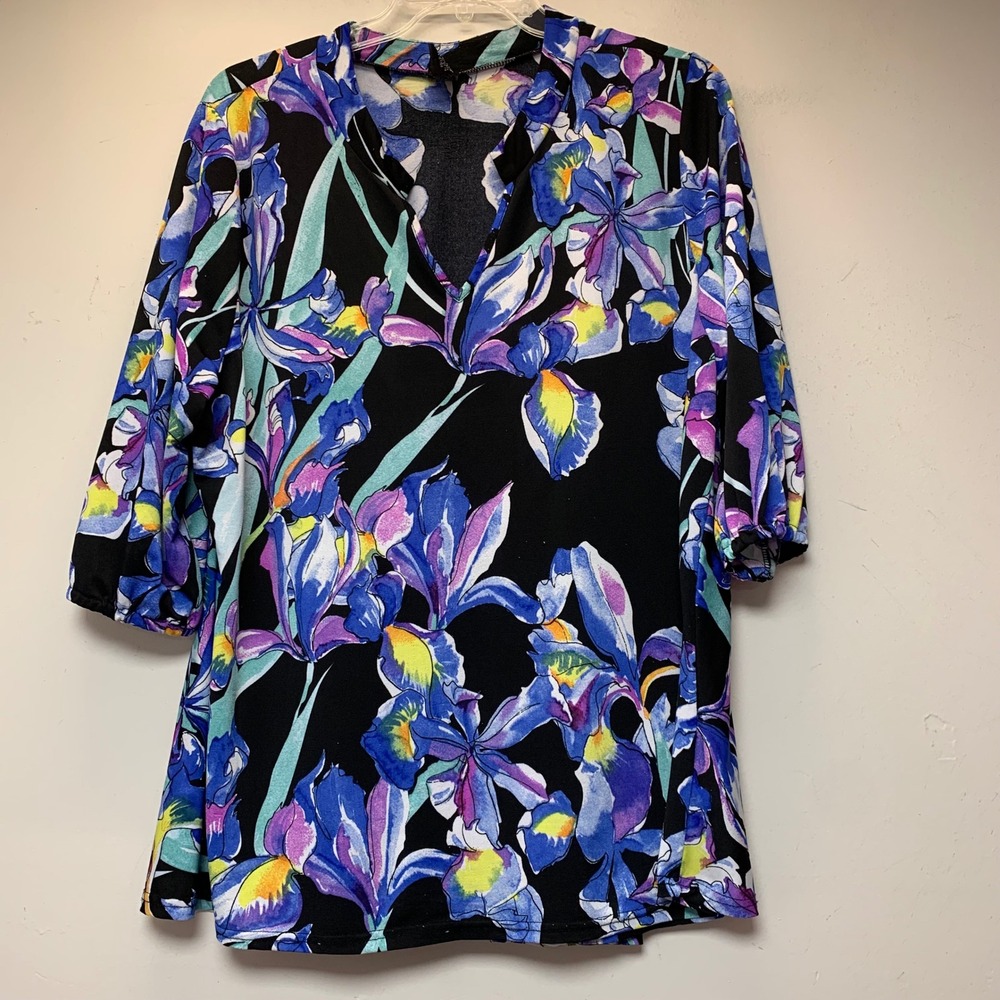 Lildy Printed Bishop Sleeve Tunic Women 2XL-3XL Black Floral Excellent V-Neck